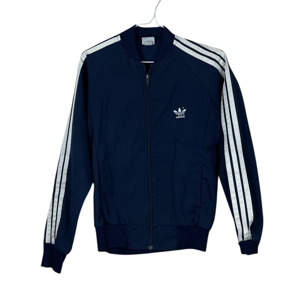Vintage Adidas Track Jacket Navy Blue 3 Stripe Zip Up Size Small